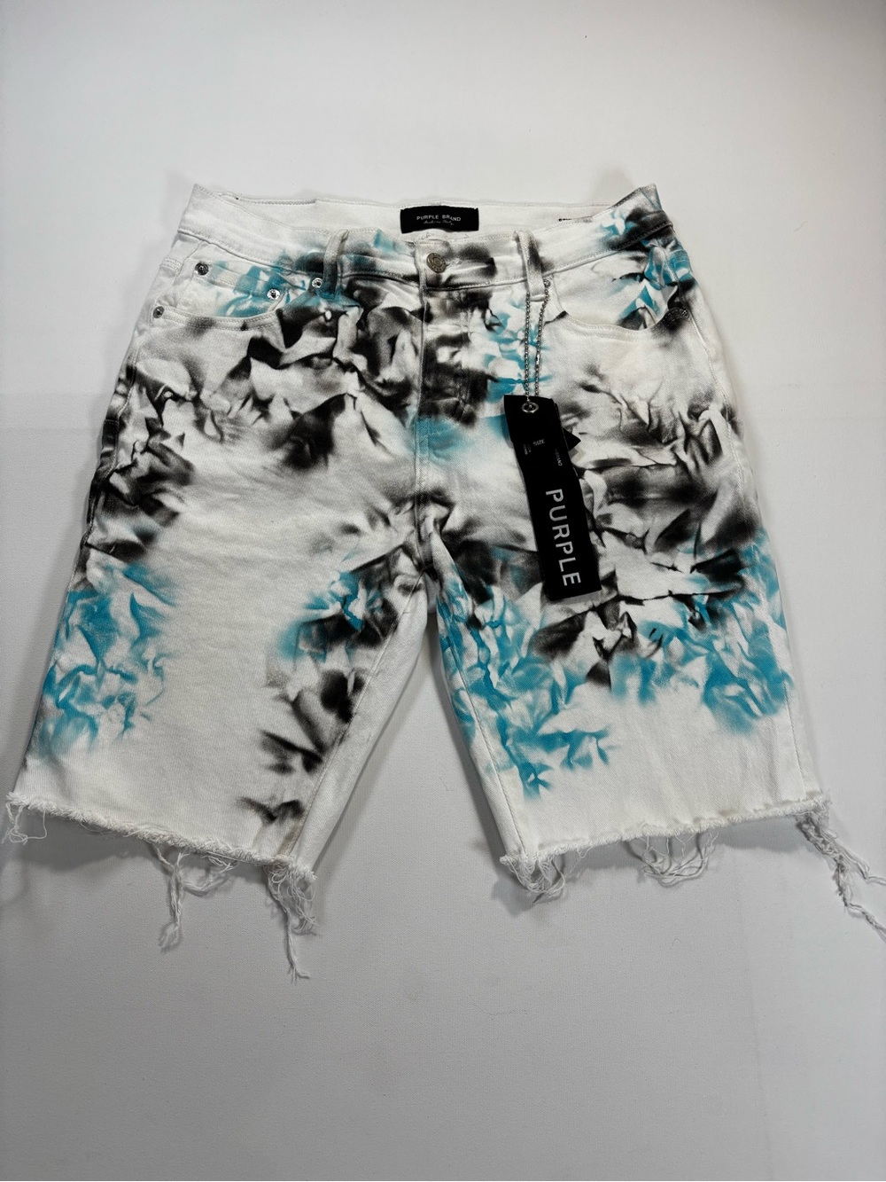 Purple Brand P001 Men’s White Tie-Dye Denim Shorts Frayed Hem